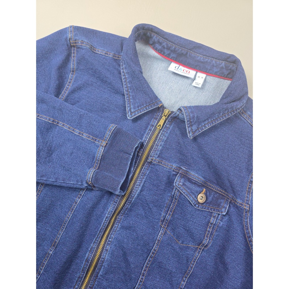 Denim & Co Womens XL Blue Zip Front Stretch Denim Jacket Ribbed Cuffs Dark Wash
